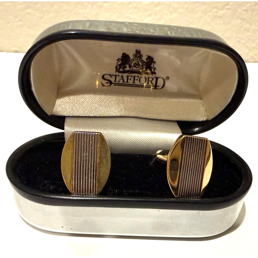 Vintage Stafford Gold Silver Toned Cuff Links Vertical Ribbed Pattern Box